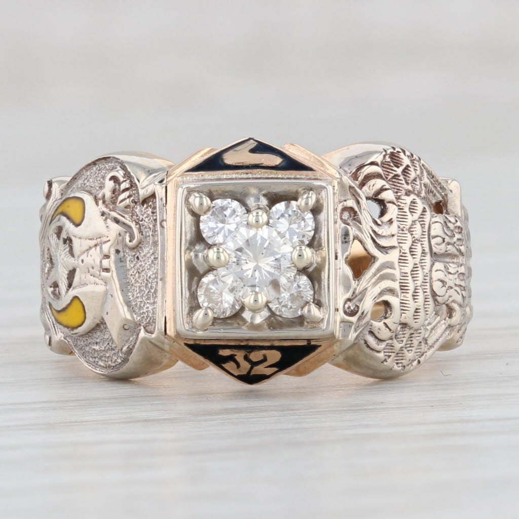 Light Gray 0.41ctw Diamond Masonic Scottish Rite Shriners Ring 14k Gold Yod Eagle Size 8.5