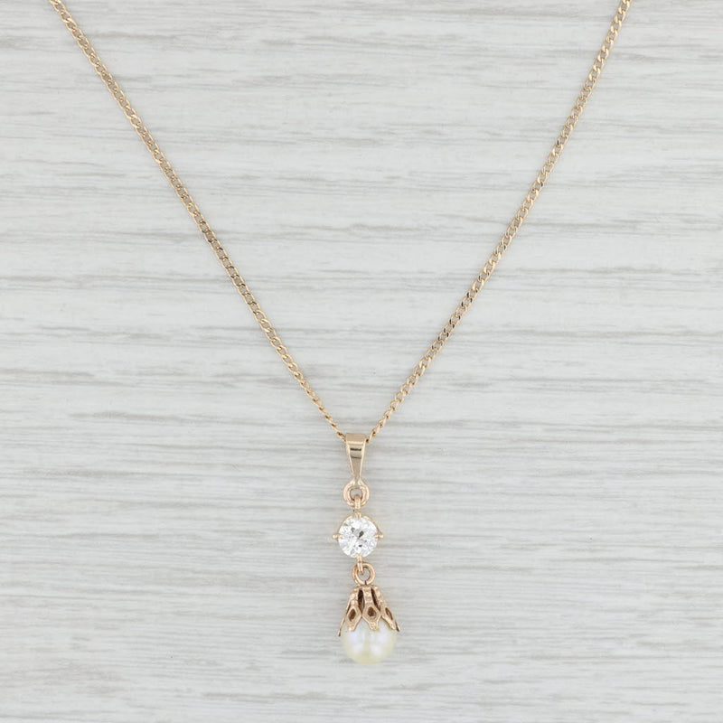 Vintage Cultured Pearl 0.45ct Diamond Pendant Necklace 14k Gold 18" Curb Chain