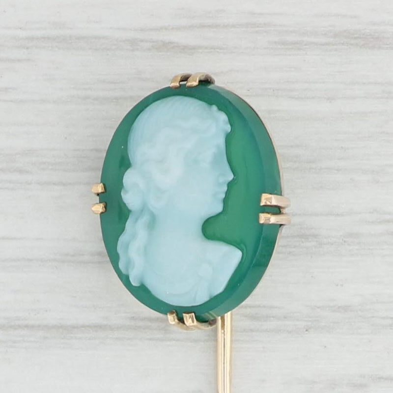 Light Gray Antique Green Chalcedony Cameo Stickpin 10k Yellow Gold