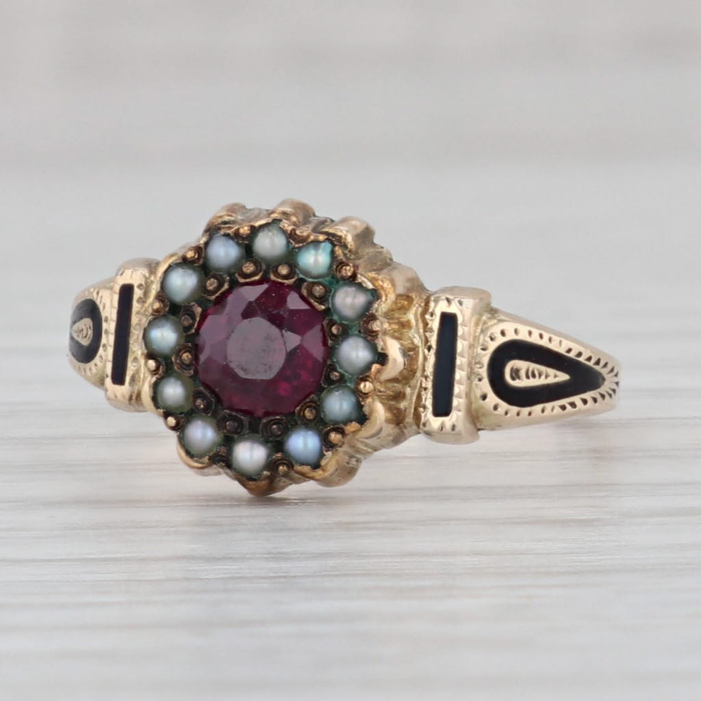 Gray Victorian Garnet Pearl Halo Ring 14k Yellow Gold Enamel Size 7.75 Antique