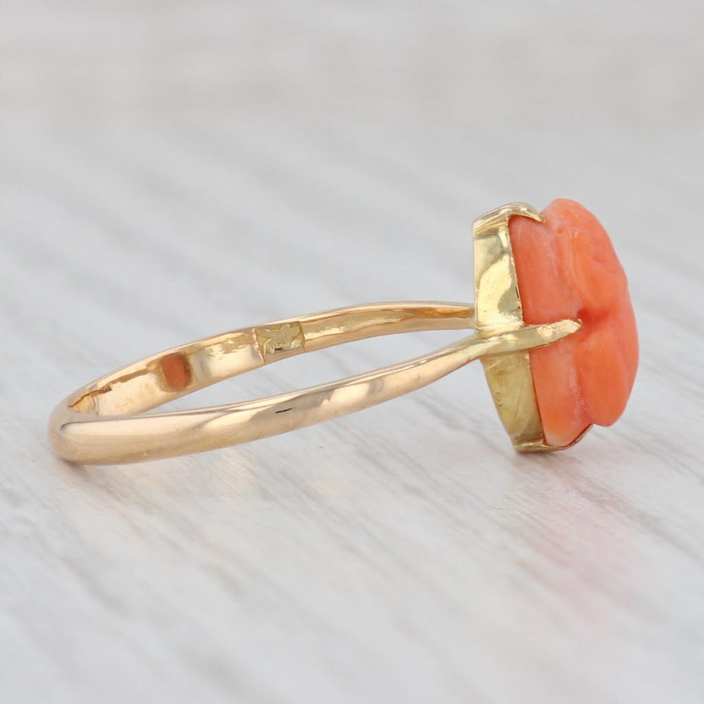 Light Gray Antique Carved Coral Cameo Ring 18k Yellow Gold Size 8.25