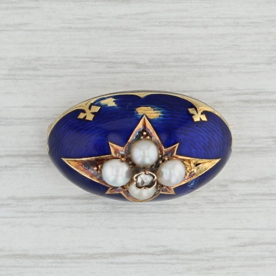 Light Gray Antique Pearl Diamond Enamel Brooch 14k Gold Enamel Pin