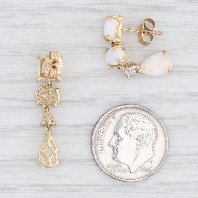 Light Gray New Synthetic Opal White Sapphire Dangle Earrings 10k Yellow Gold Pierced Drop