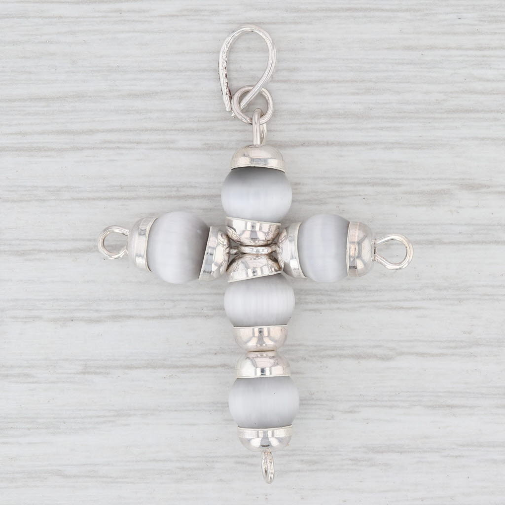 Light Gray New Gray Glass Bead Cross Pendant Sterling Silver Statement B12825