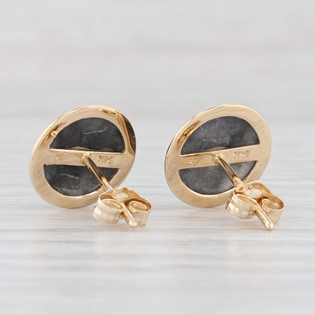 Light Gray Black Ornamental Stone Stud Earrings 14k Yellow Gold Pierced Round Studs