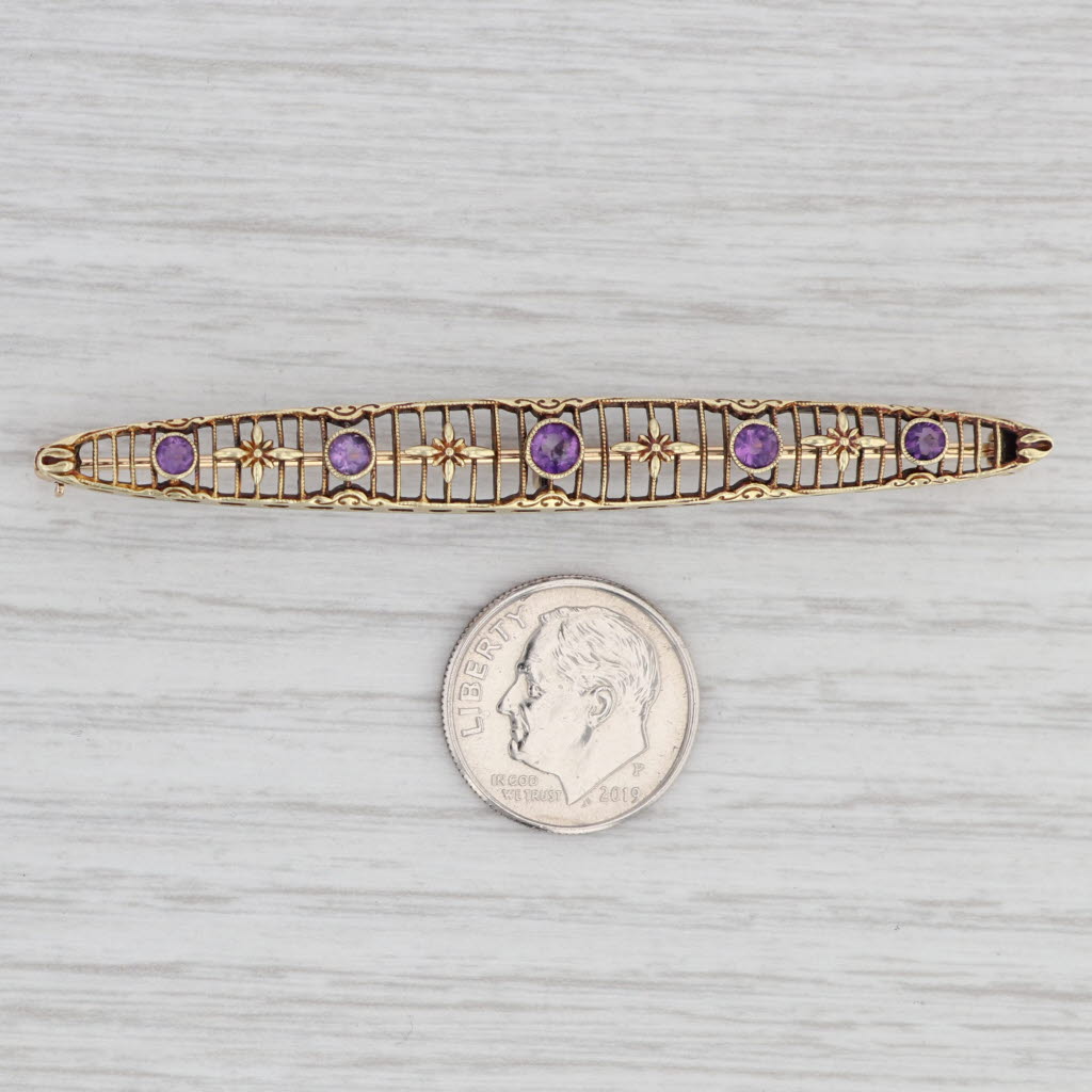 Light Gray Art Deco 0.50ctw Amethyst Filigree Bar Brooch 14k Yellow Gold Pin