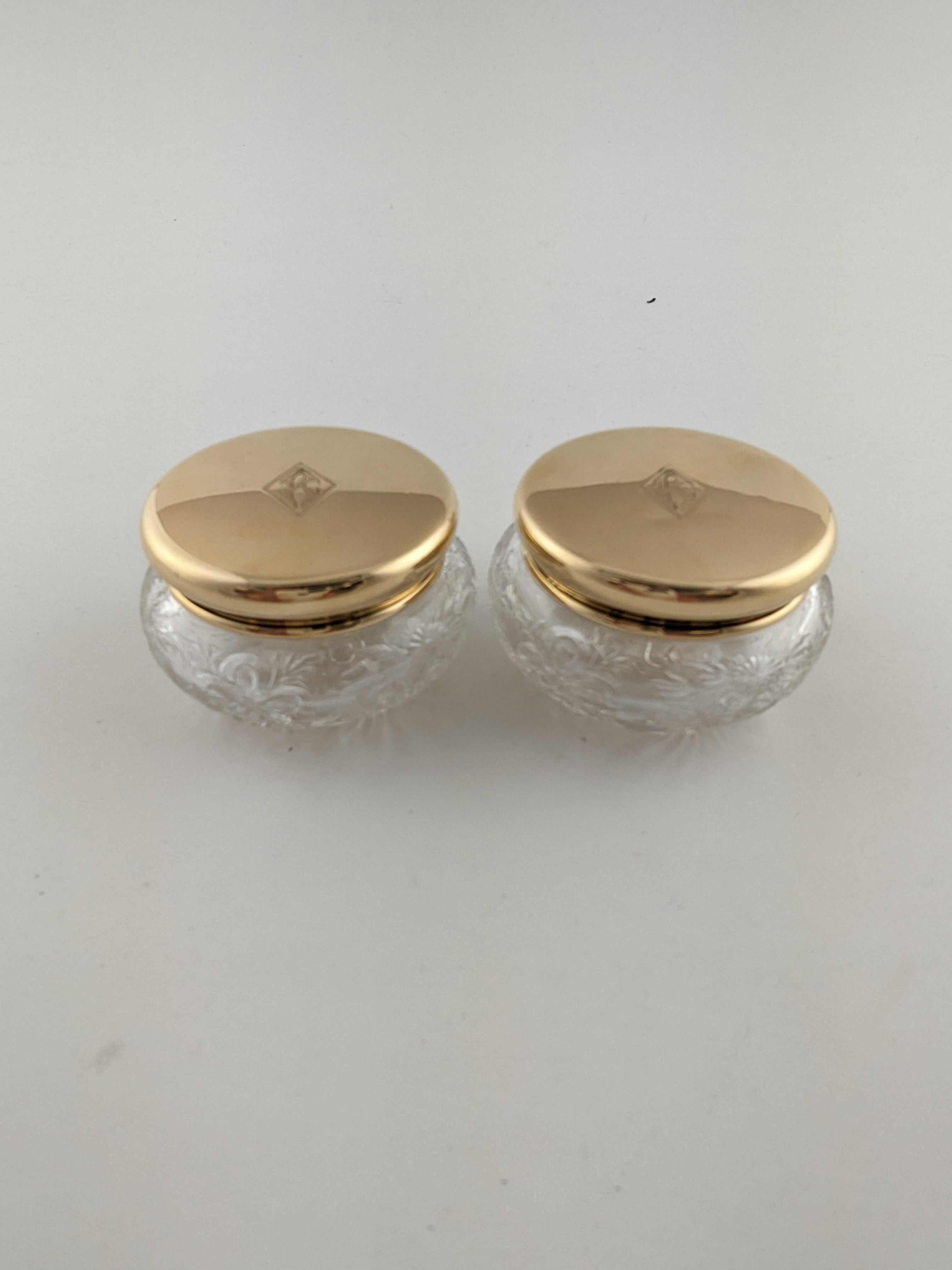 Gray Vintage Set of 2 Glass Jars Bowls with 14k Yellow Gold Lids Floral Etched X440