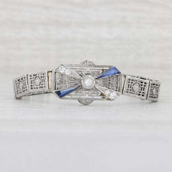 Light Gray Art Deco Synthetic Sapphire Diamond Filigree Bracelet Platinum 14k Gold 6.5”