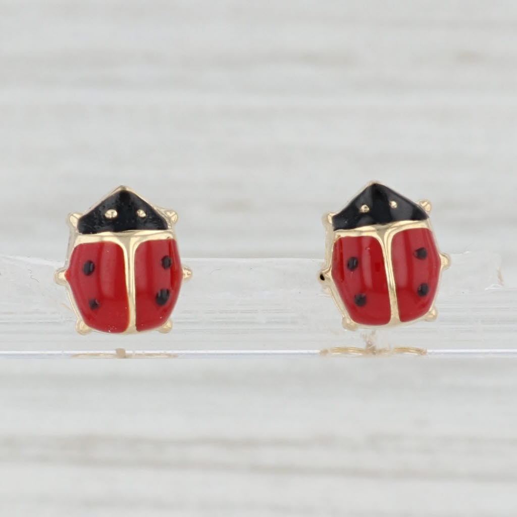 Light Gray Ladybug Stud Earrings 14k Yellow Gold Enamel Insect Bug Jewelry Pierced Studs