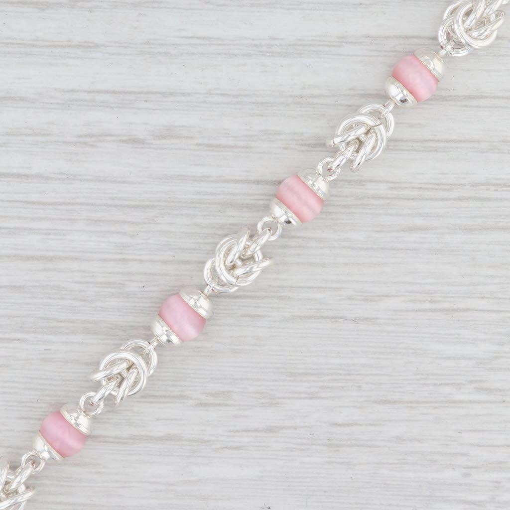 Light Gray New Pink Glass Bead Statement Bracelet Sterling Silver Chain 7” Hook Clasp