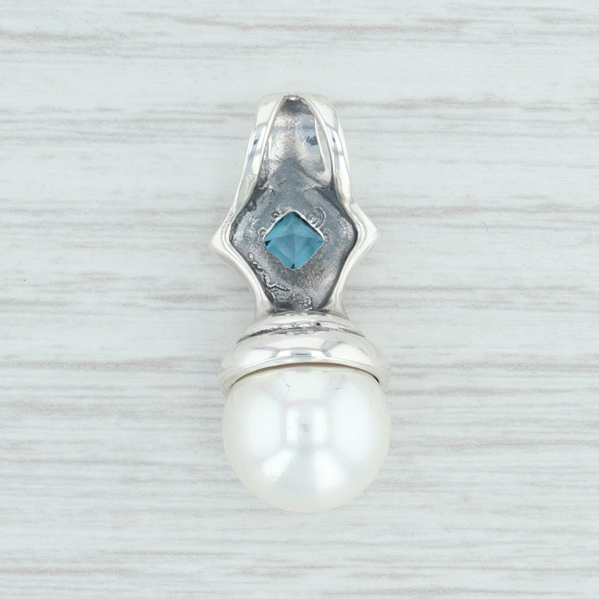 .47ct Blue Topaz & Imitation Pearl Pendant Sterling Silver Drop Statement