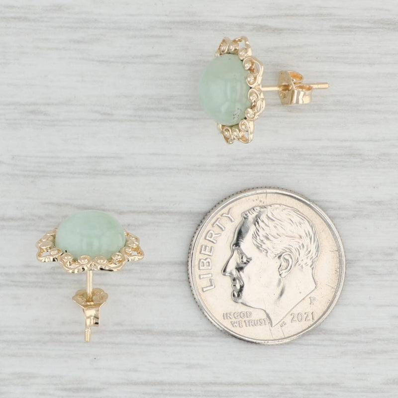 Green Jadeite Jade Flower Stud Earrings 14k Gold Round Cabochon Solitaires