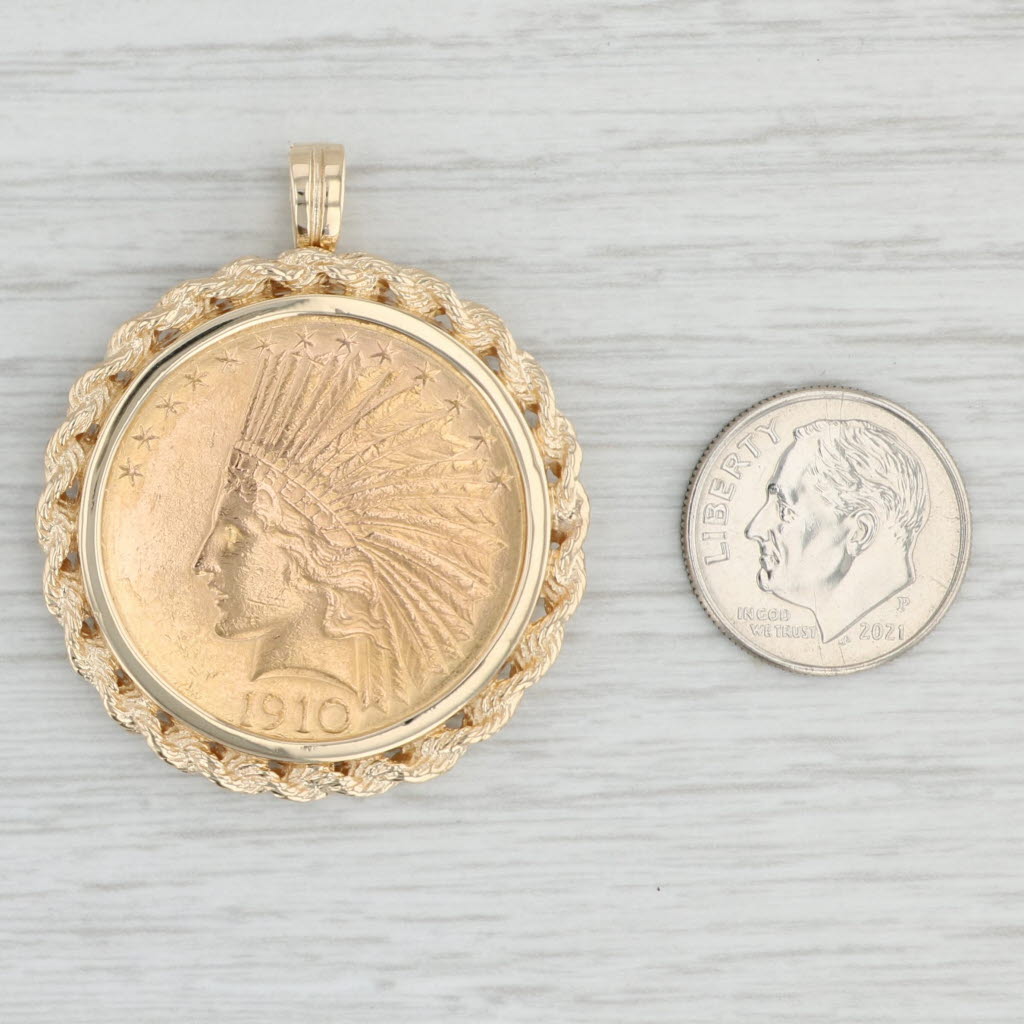 Light Gray Authentic 1910 $10 Indian Head Coin Pendant 14k & 900 Yellow Gold Rope Bezel