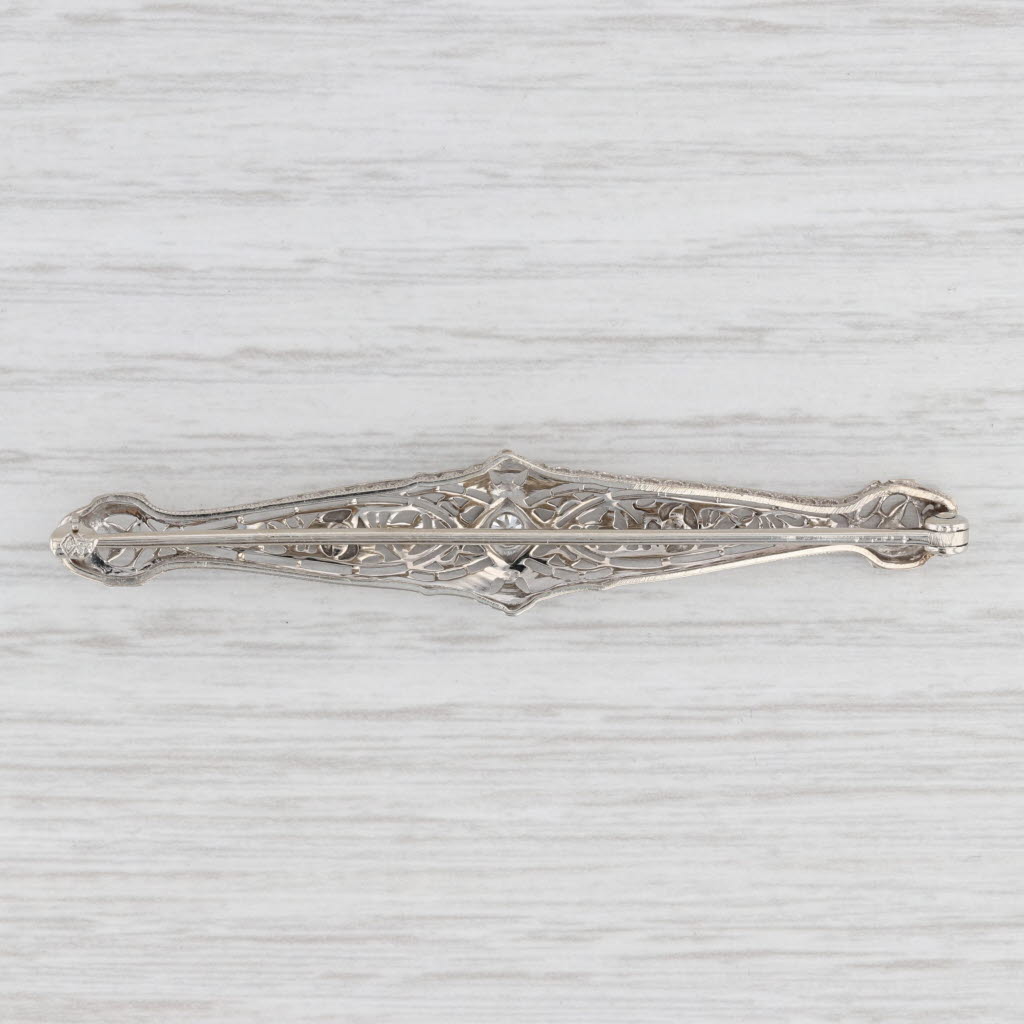 Light Gray Art Deco 0.11ctw Diamond Filigree Bar Brooch 14k White Gold Platinum Pin