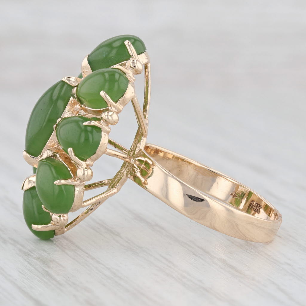 Light Gray Green Nephrite Jade Ring 14k Yellow Gold Size 7.5 Cocktail Cluster