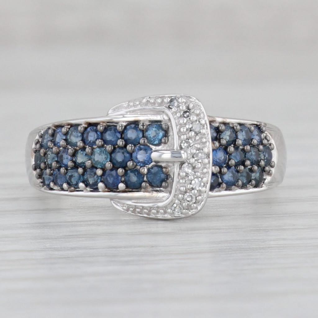 Gray 1.02ctw Blue Sapphire Diamond Belt Buckle Ring 14k White Gold Size 9.75-10