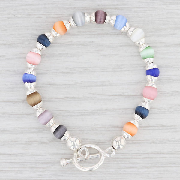Light Gray New Glass Bead Bracelet 6.75" Sterling Silver Toggle Clasp Multi Color Statement