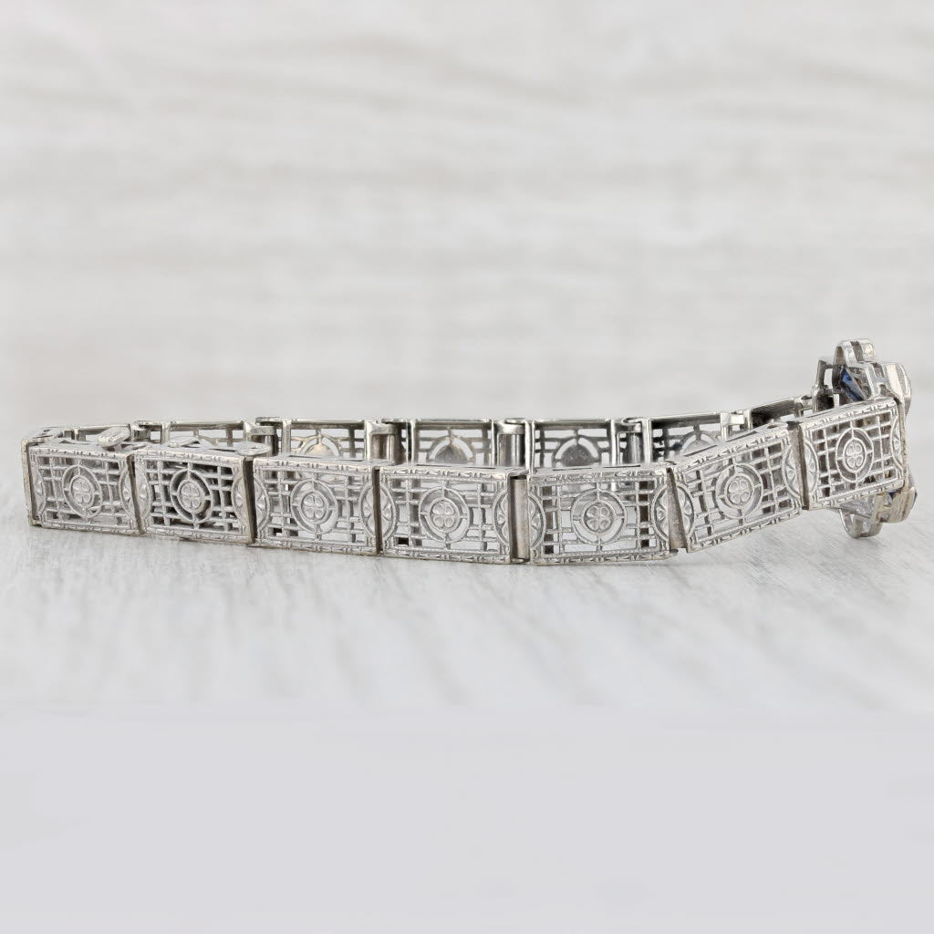 Light Gray Art Deco Synthetic Sapphire Diamond Filigree Bracelet Platinum 14k Gold 6.5”