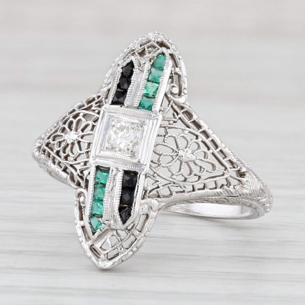 Light Gray Art Deco Diamond Emerald Glass Floral Filigree Ring 18k Gold Platinum Size 6.5