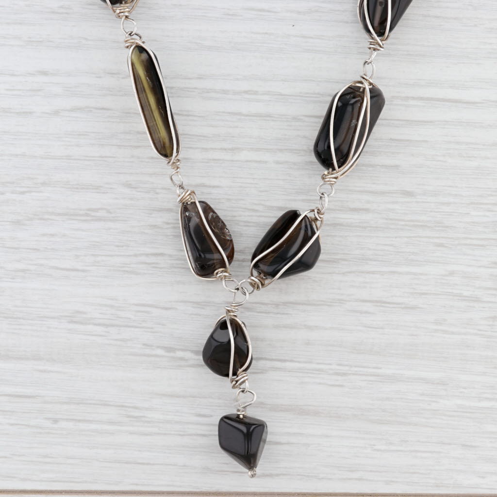 Light Gray New Smoky Quartz Lariat Statement Necklace Sterling Silver 20.75" Brown Stones