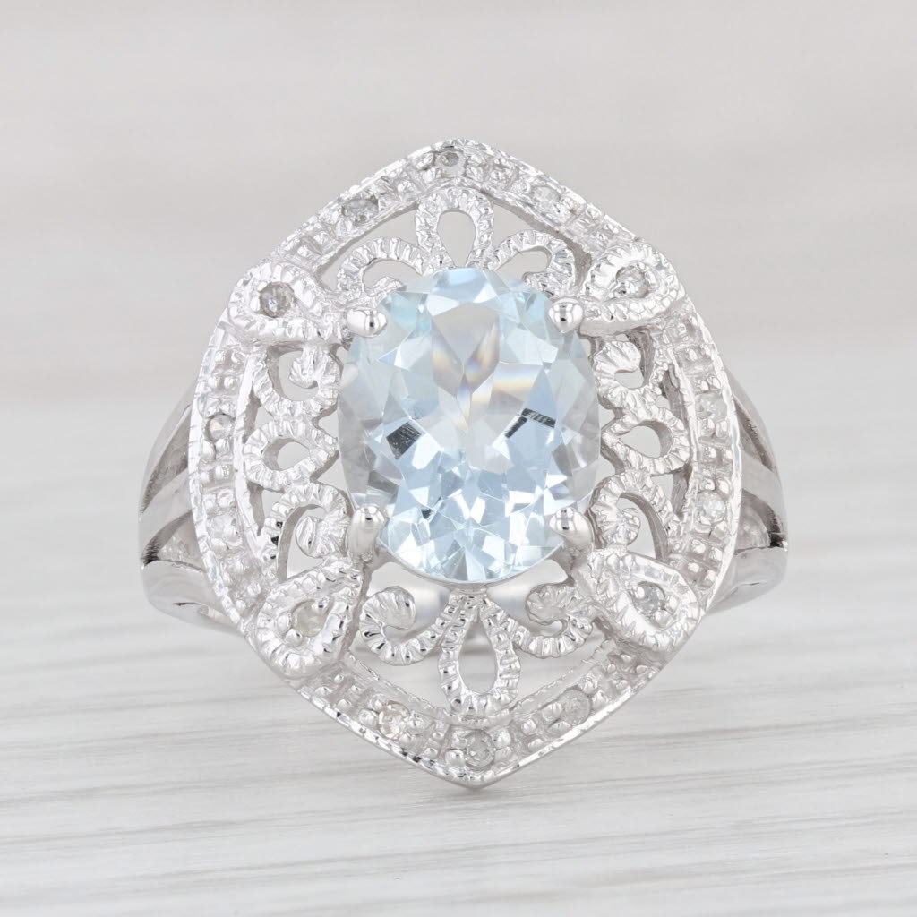 Light Gray 2.35ctw Oval Aquamarine Diamond Ring 10k White Gold Size 7 Cocktail