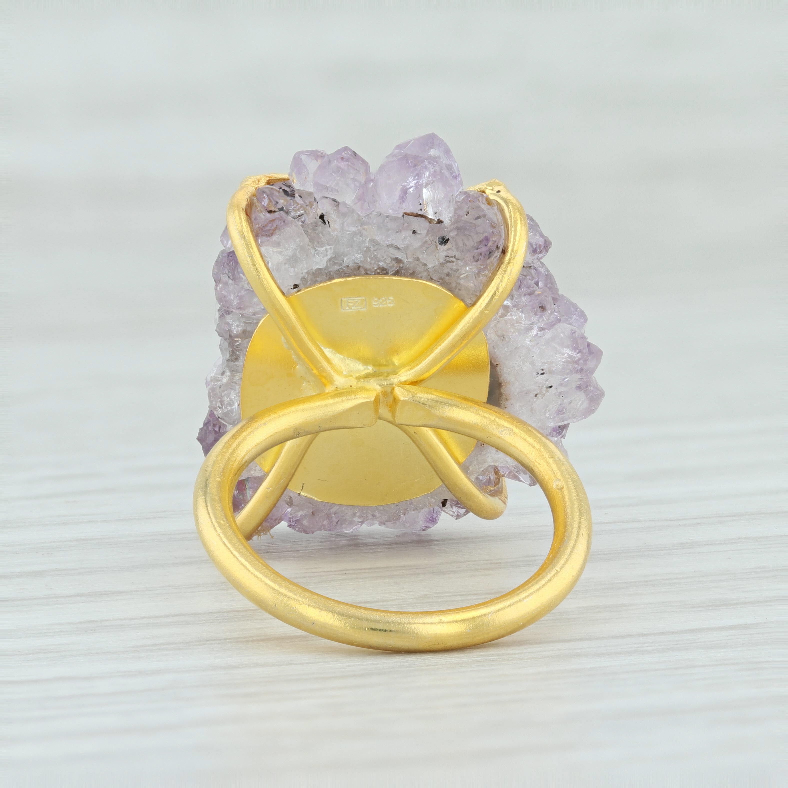 Light Gray New Amethyst Geode Crystal Ring Sterling 18k Gold Plated Adjustable Size