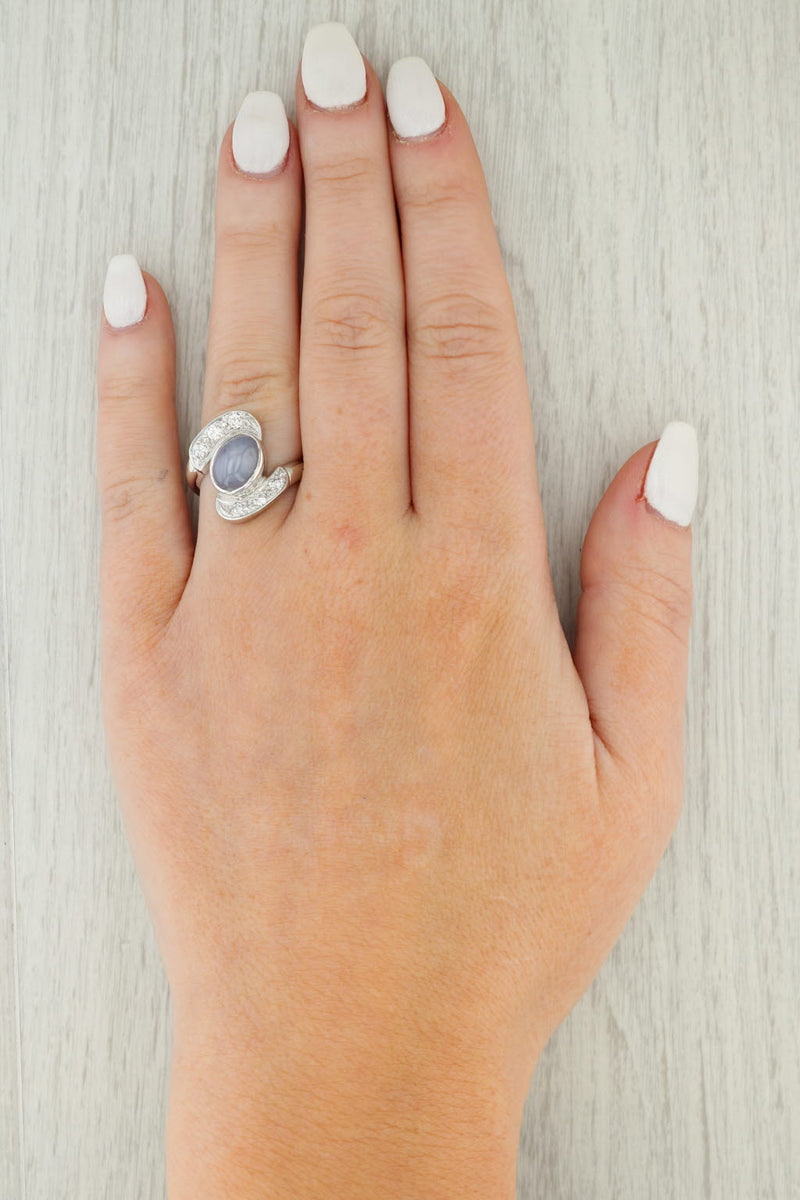 Gray Light Blue Star Sapphire Diamond Bypass Ring 14k White Gold Size 5