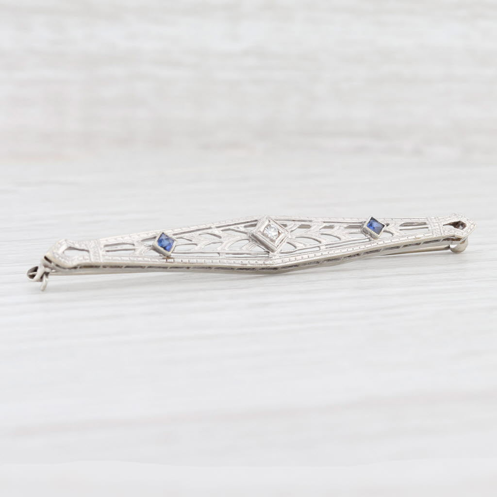 Lavender Vintage Synthetic Blue Sapphire White Diamond Bar Brooch 14k Gold Flower Pin