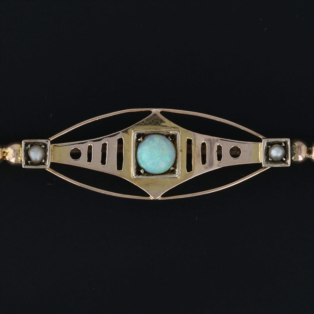 Black Antique Art Nouveau Brooch 10k Yellow Gold Opal Pearls Bar Pin C.1900