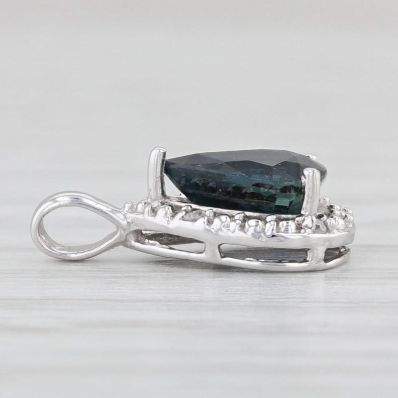0.92ct Pear Blue Sapphire Diamond Halo Pendant 14k White Gold Small Teardrop