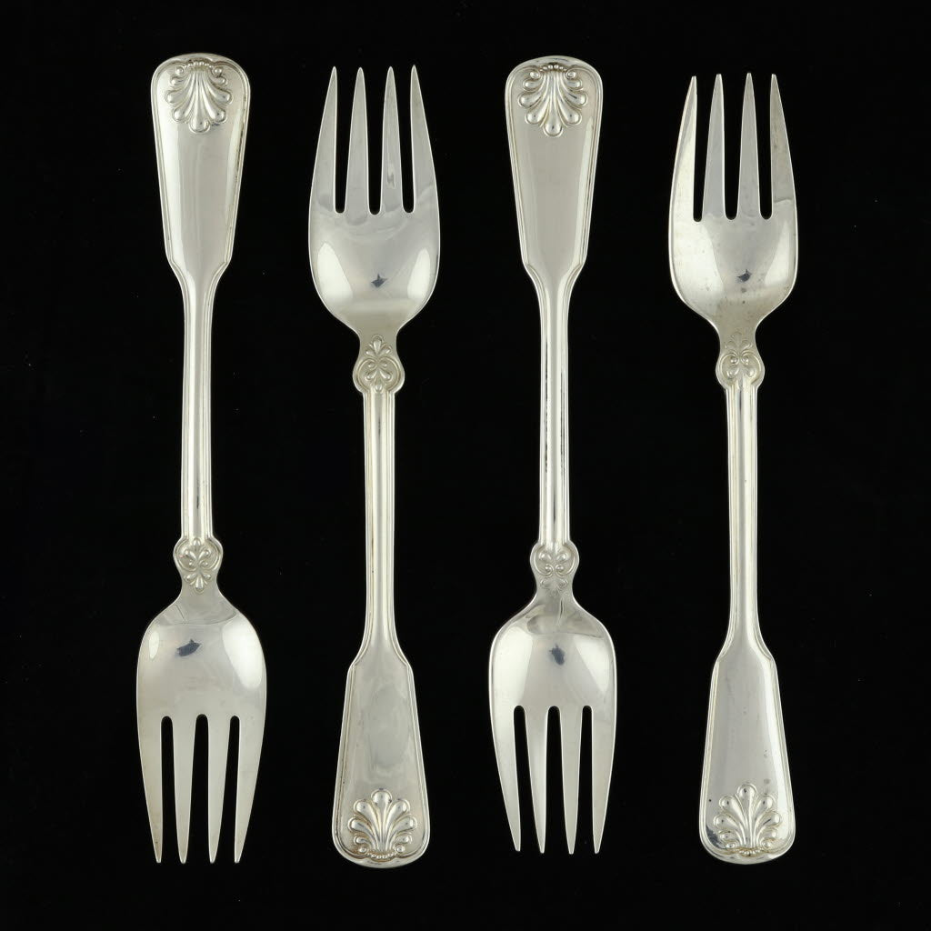 Black Tiffany & Co Shell & Thread Set of 4 Fish Forks Sterling Silver 1905 7"