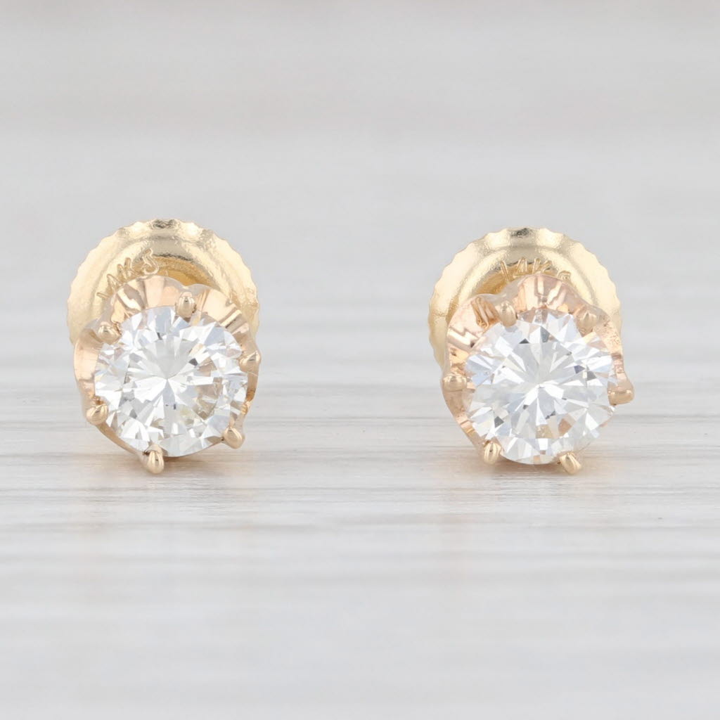 Light Gray Vintage 0.88ctw Diamond Buttercup Stud Earrings 14k Gold Round Solitaire Studs