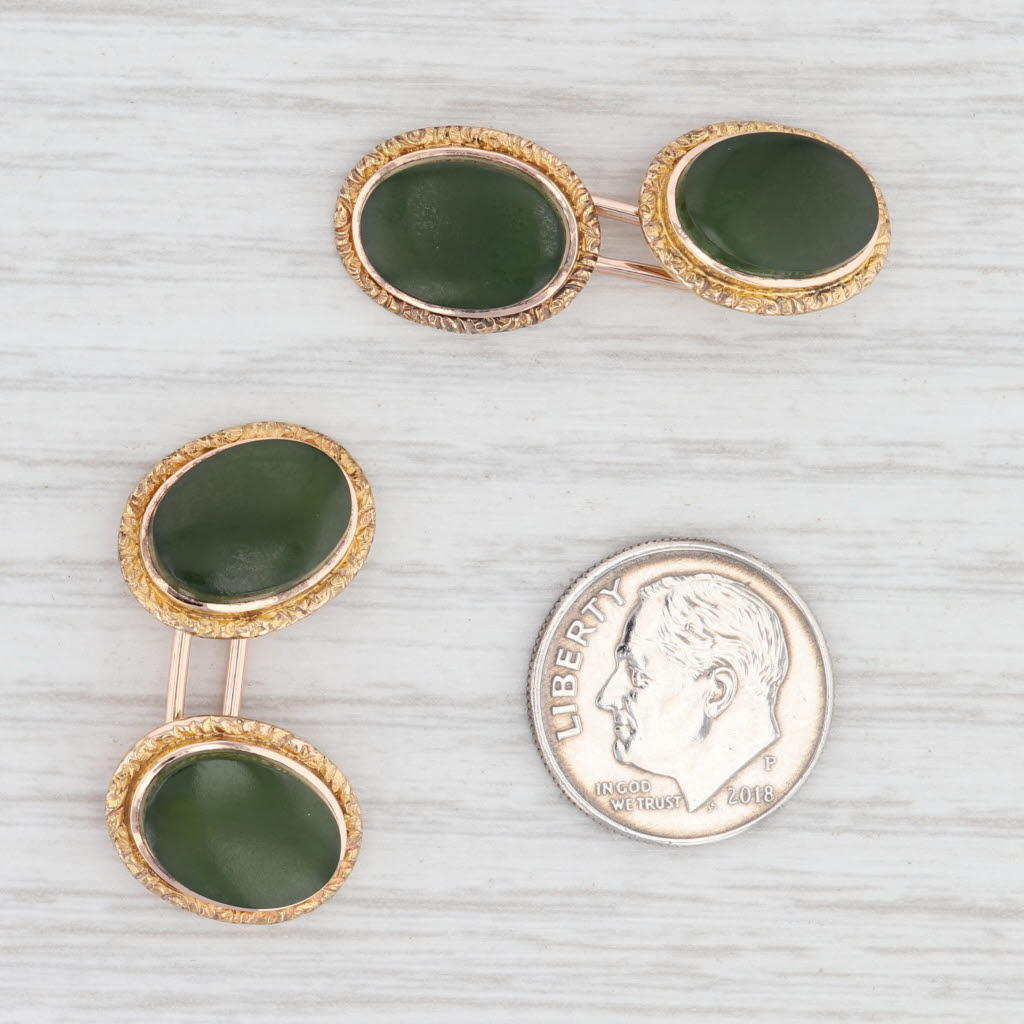 Light Gray Antique Green Nephrite Jade Cuff Links 14k Yellow Gold Oval Cabochon Cufflinks