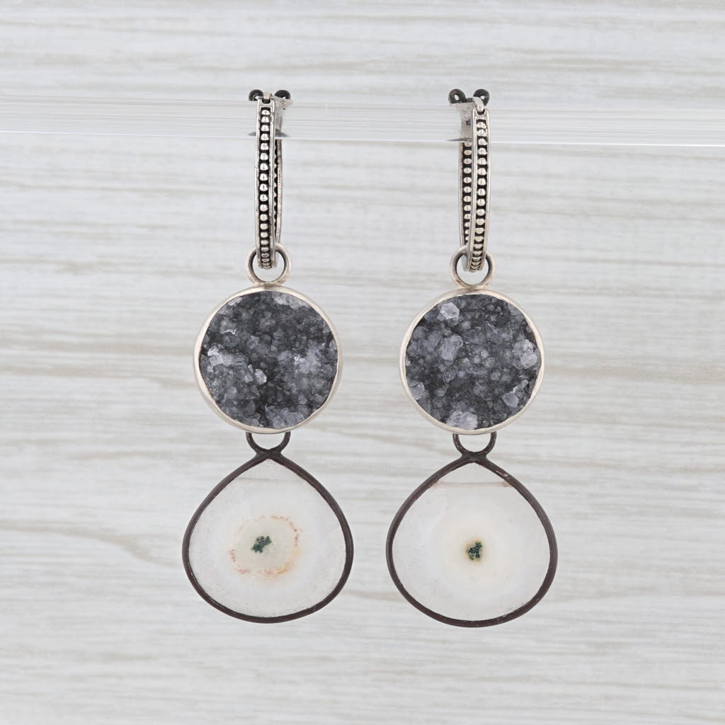 Light Gray New Nina Nguyen Hoop Charm Drops Earrings Sterling Silver Druzy Quartz Geode