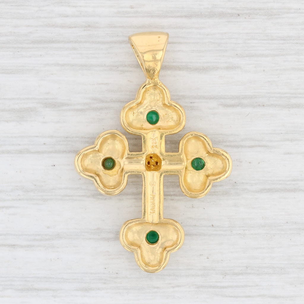 Light Gray Kabana Emerald Diamond Pendant 22k Yellow Gold Ornate Religious Jewelry