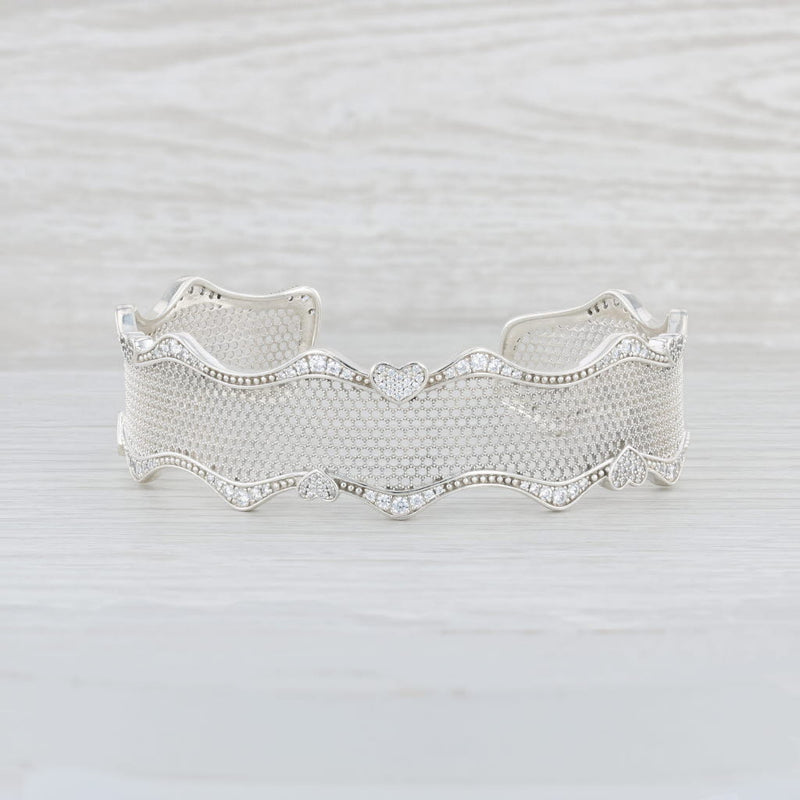 Light Gray New Authentic Pandora Pave Hearts Lace Cuff Bracelet 597704CZ Silver 6.25" 19cm