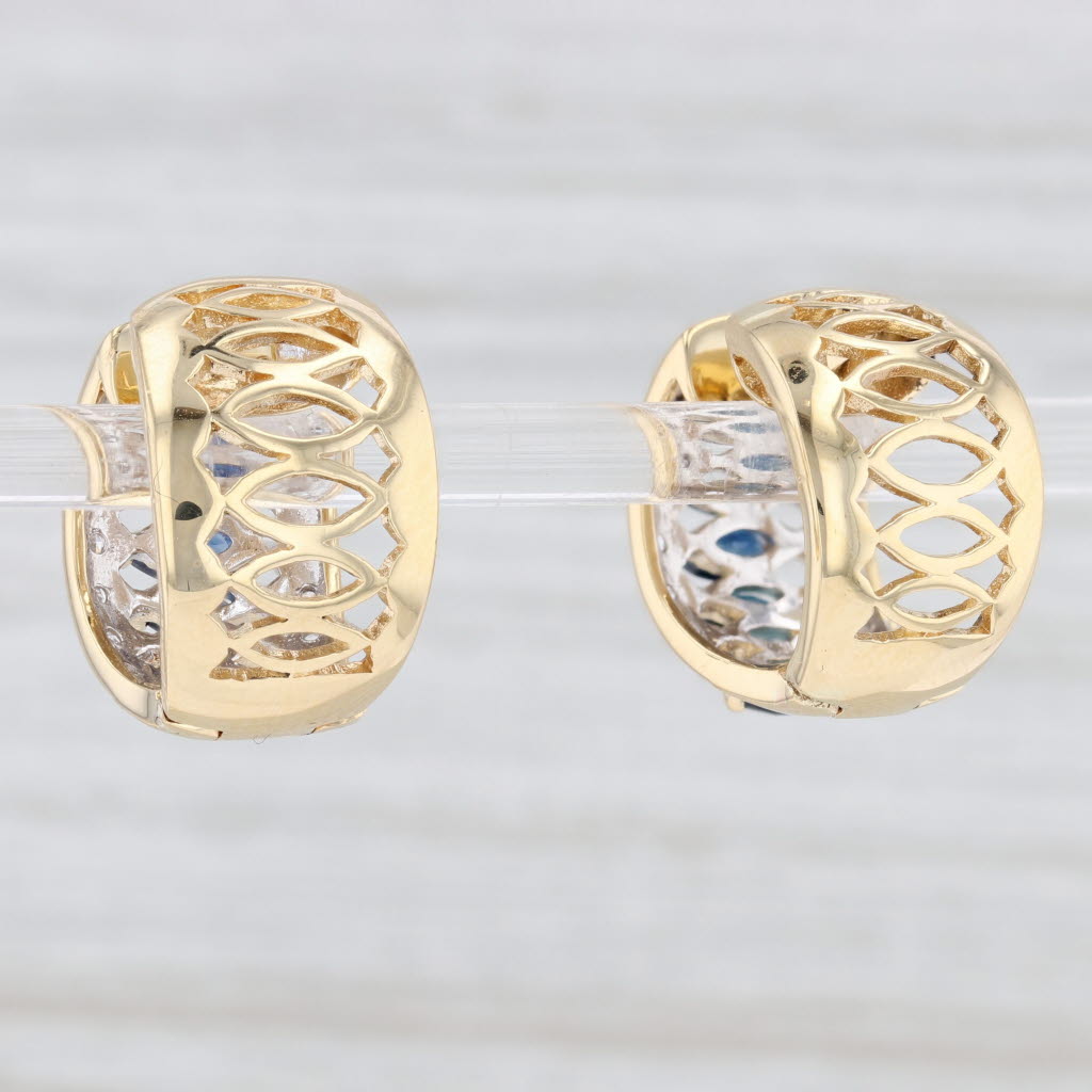 Light Gray 1.76ctw Blue Sapphire Diamond Hoop Huggie Earrings 18k Yellow Gold Snap Top