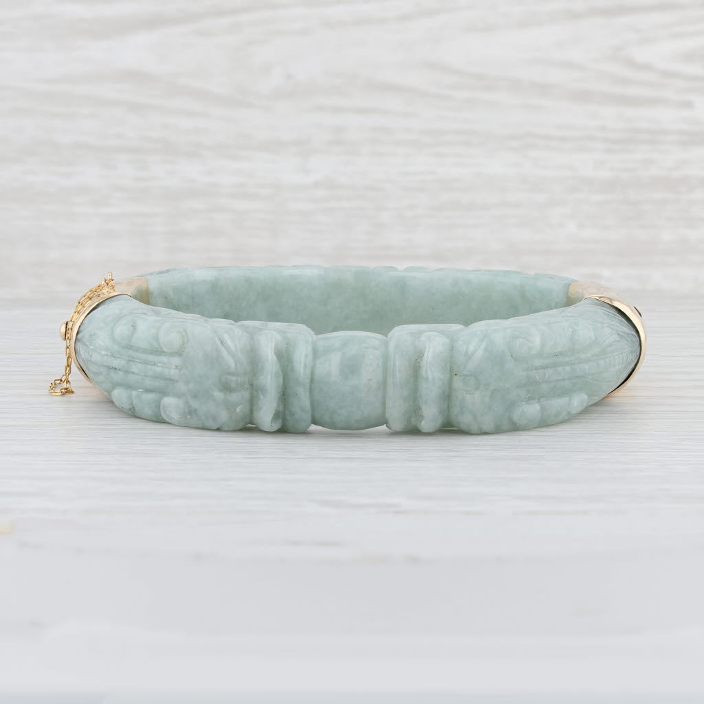 Light Gray Carved Jade Dragon Bangle Bracelet 14k Gold Green Jadeite 7" Asian Statement