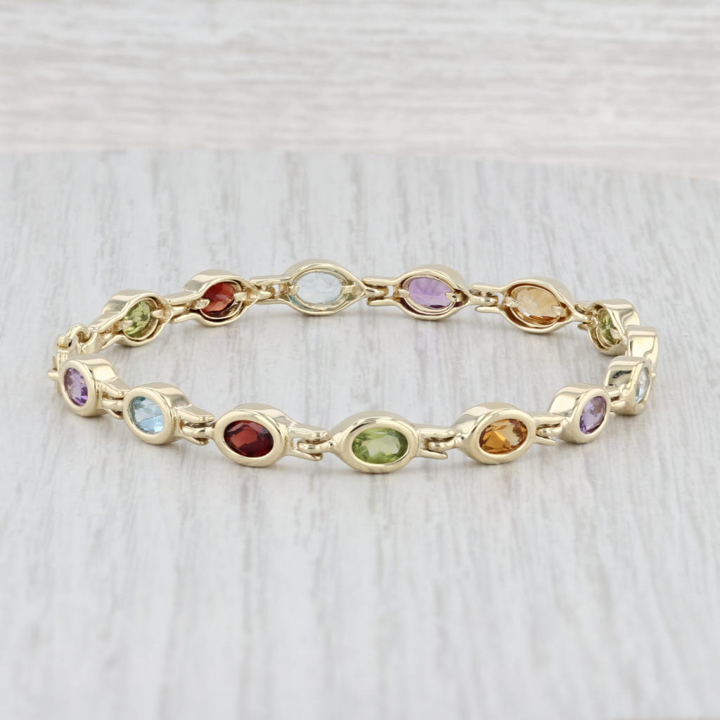 Light Gray 7.14ctw Gemstone Tennis Bracelet 14k Gold Topaz Garnet Peridot Amethyst Citrine