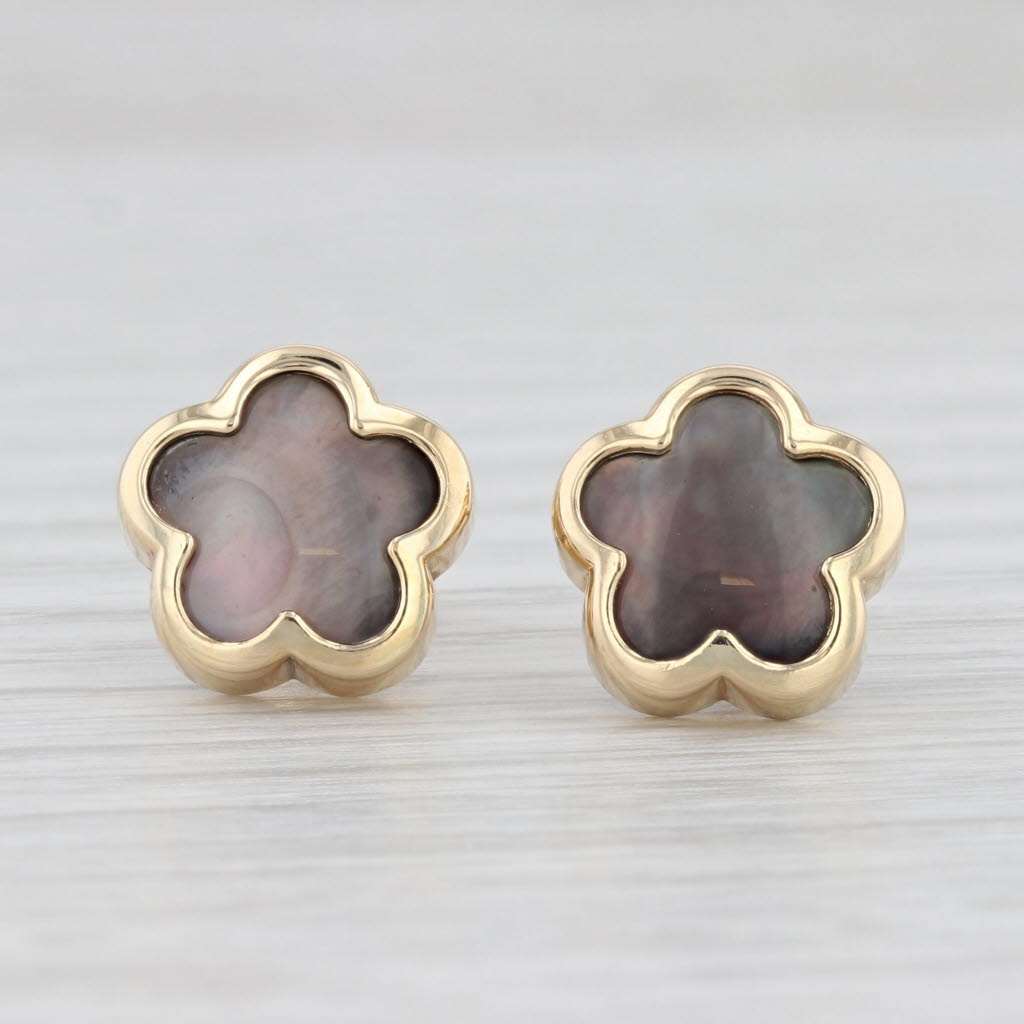 Light Gray Gray Mother of Pearl Star Flower Stud Earrings 14k Yellow Gold Pierced Studs