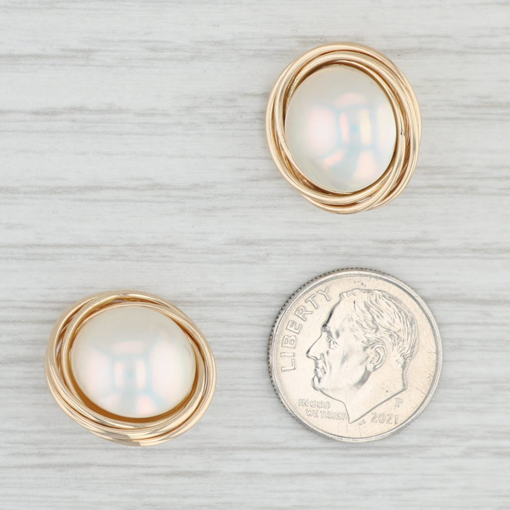 Light Gray Mabe Pearl Stud Earrings 14k Yellow Gold Clip On Non Pierced Round Cabochons