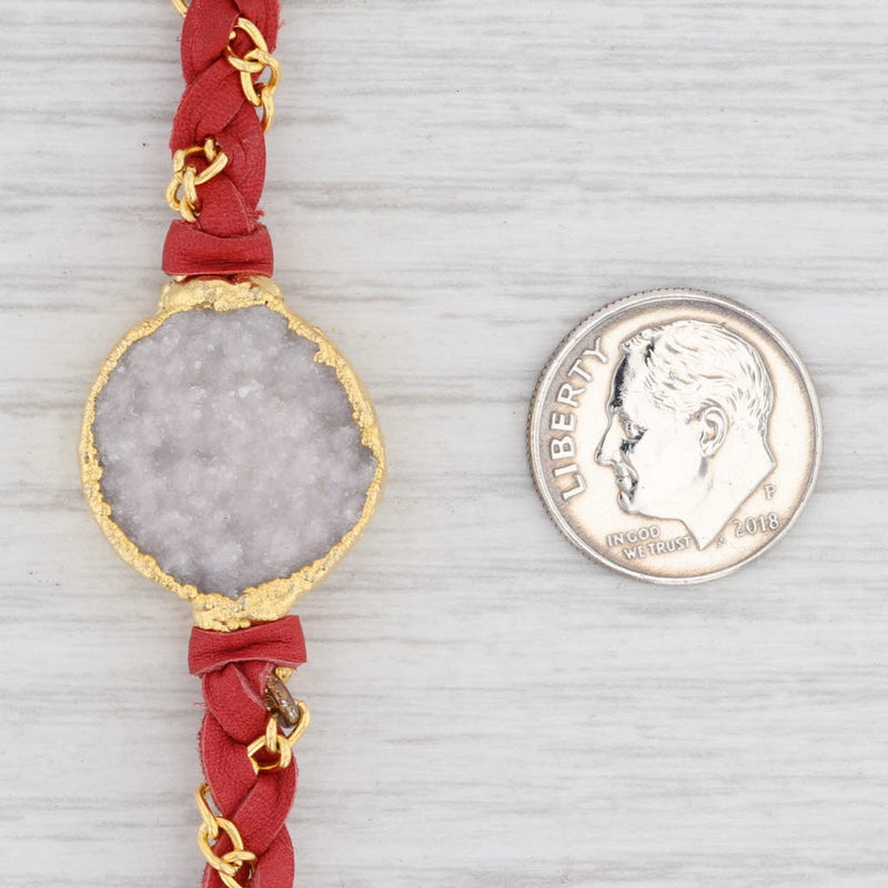 New Cordelia Nina Nguyen Necklace White Druzy Woven Red Leather Gold Vermeil