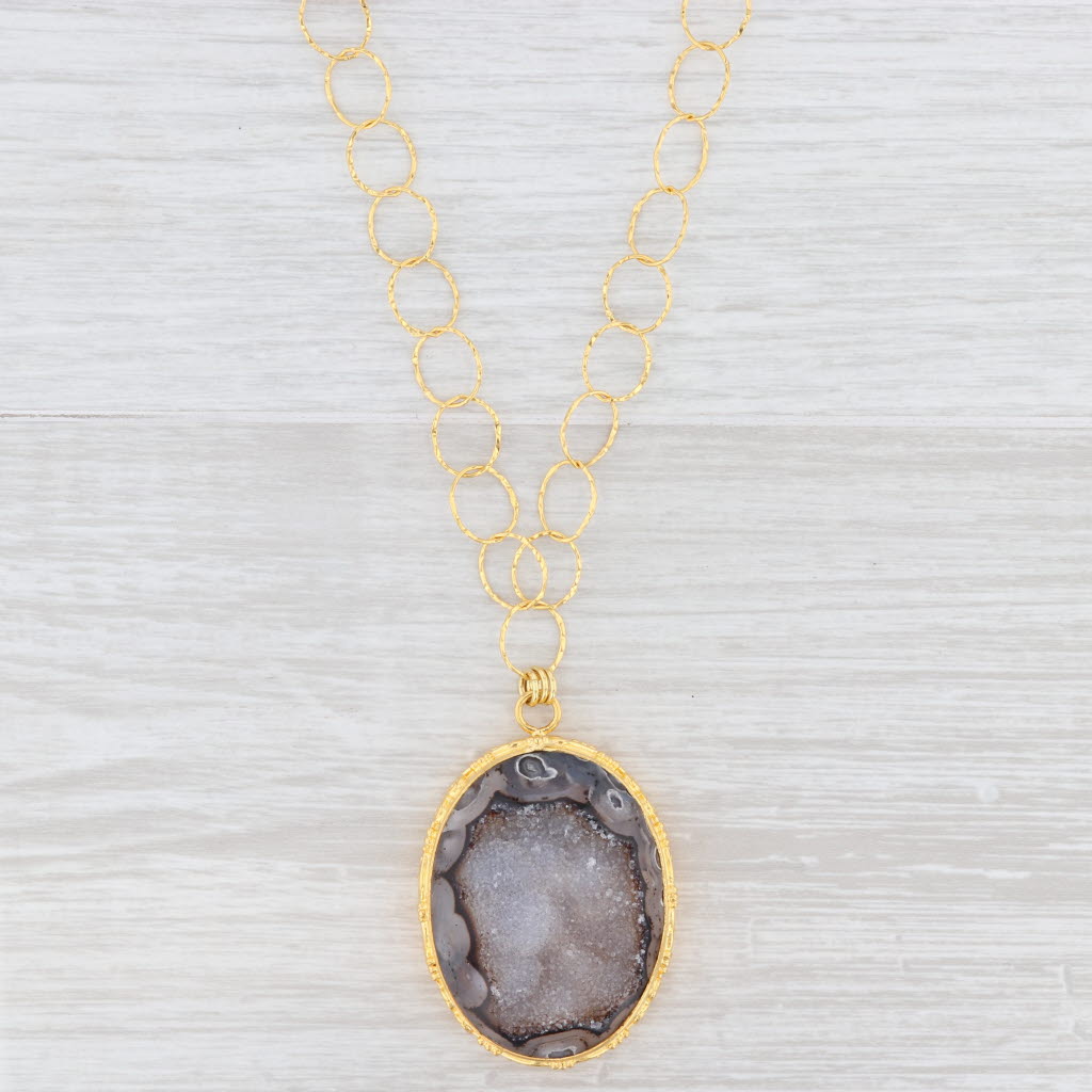 Light Gray New Nina Nguyen Druzy Quartz Agate Pendant Necklace 20" Sterling Silver 22k Gold