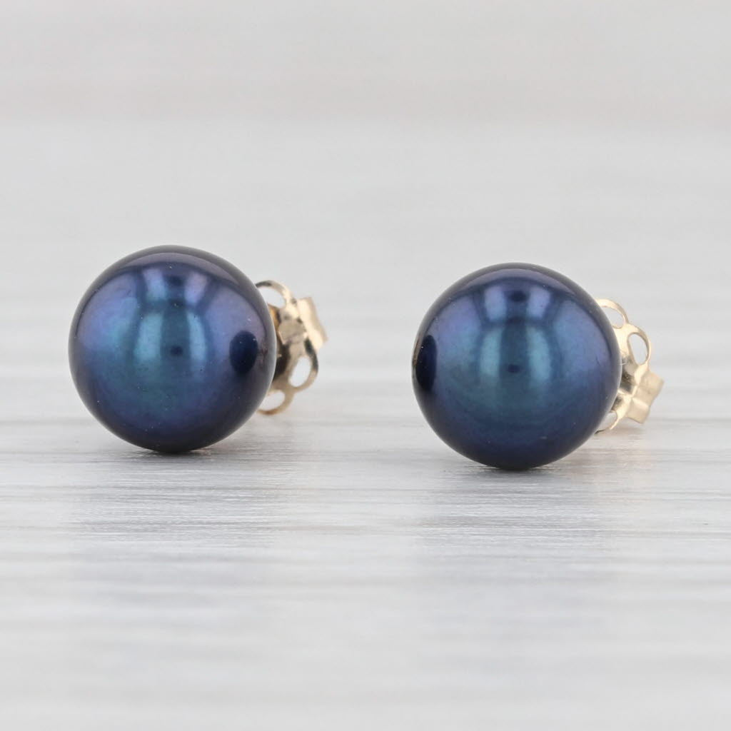 Light Gray Cultured Blue Black Pearl Bead Stud Earrings 14k Yellow Gold