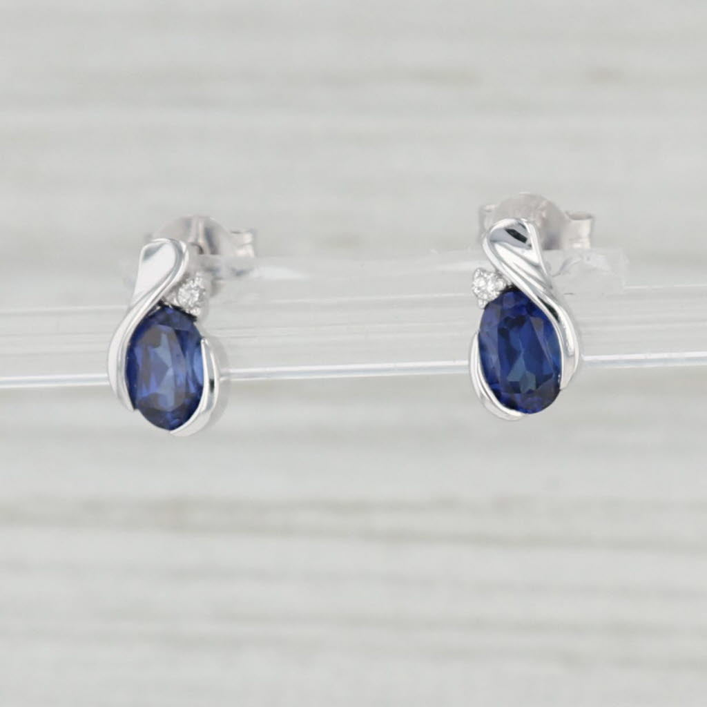 Light Gray 1.28ctw Blue Lab Created Sapphire Diamond Teardrop Stud Earrings 10k White Gold