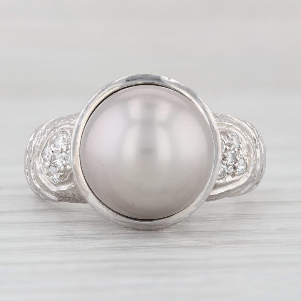 Light Gray Sequoia Cultured Gray Pearl Diamond Ring 18k White Gold Size 8.25