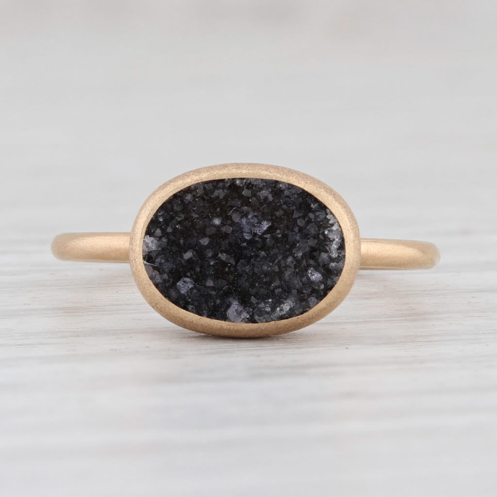 Light Gray New Nina Nguyen Black Druzy Quartz Ring Brushed 18k Yellow Gold Size 7 Solitaire