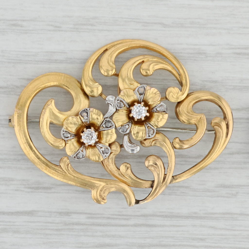 Gray Art Nouveau Antique Flower Brooch 18k Yellow Gold Ornate Floral Pin