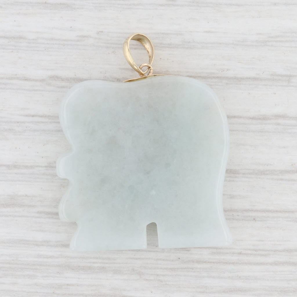 Light Gray Green Jadeite Jade Elephant Pendant Shou Longevity Chinese Character 10k Gold