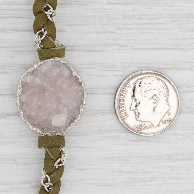 New Nina Nguyen Cordelia Woven Necklace White Druzy Quartz Pendant Green Leather